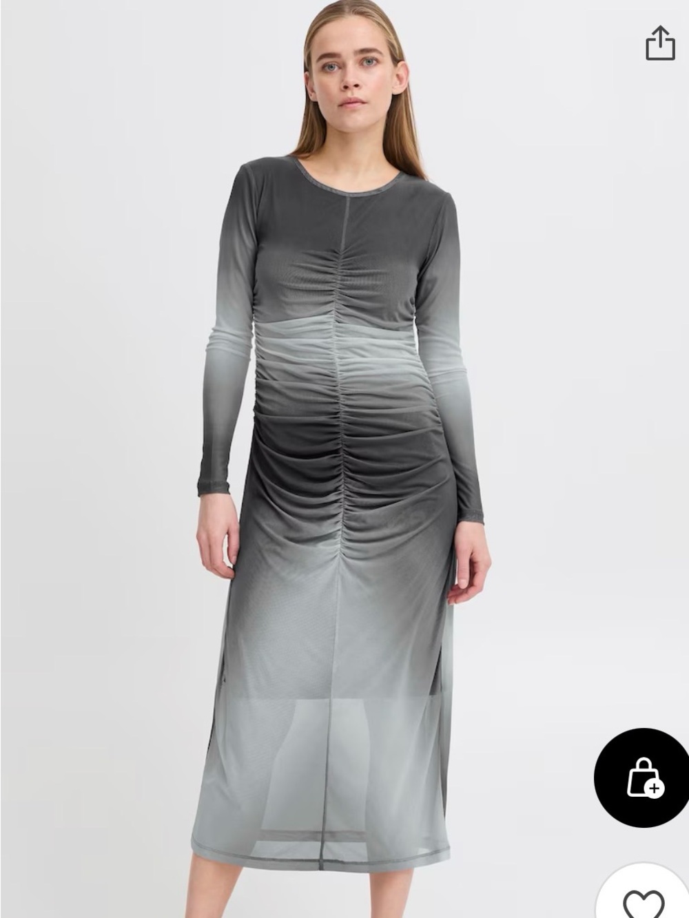 Ombre Gray Mesh Ruched Long Sleeve Maxi Dress